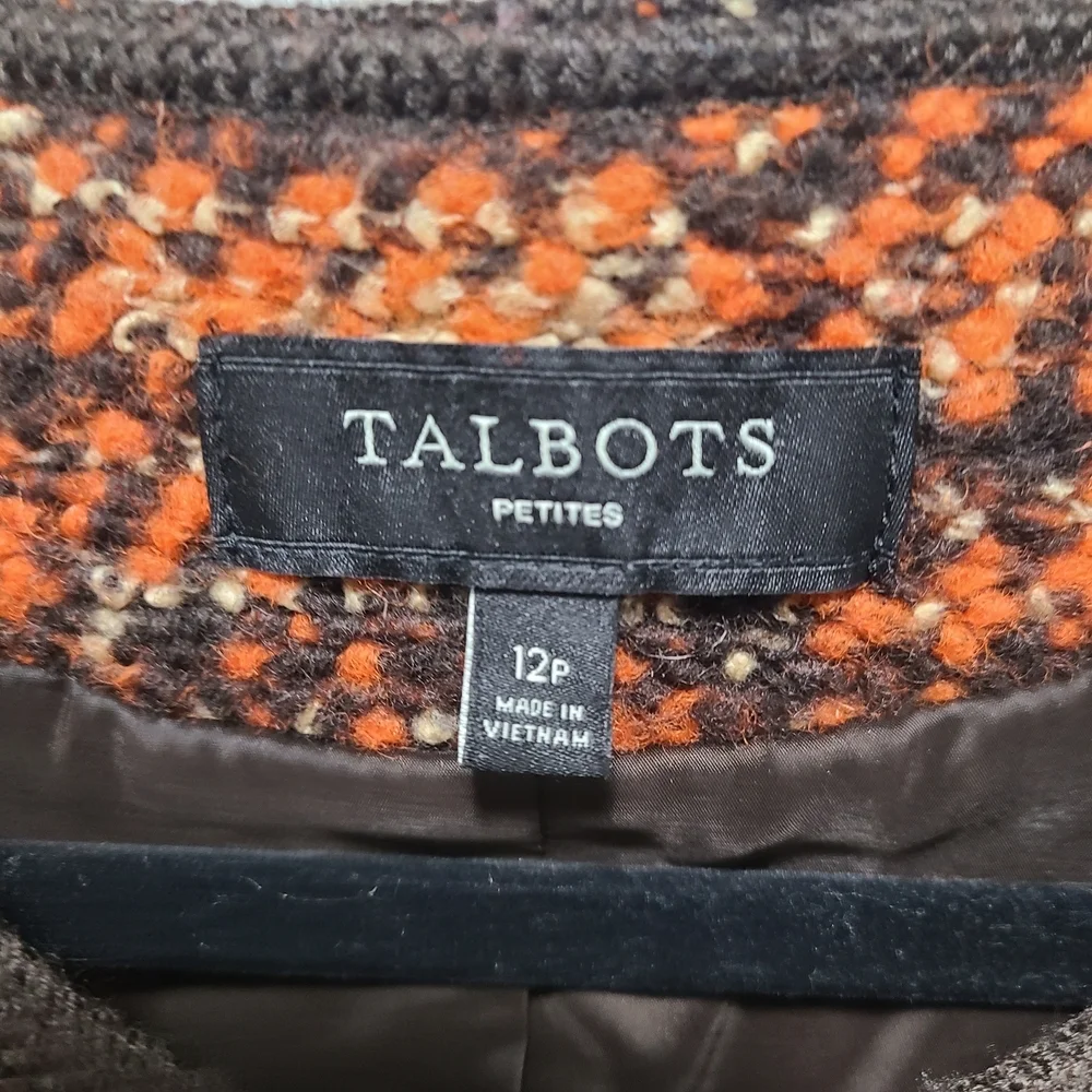 Talbots Tweed Orange Black Wool Blend Women's Jacket 12P‎ Career Preppy